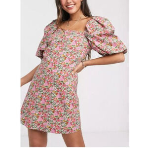 MNG Women Blogger Fav Volume Sleeve Floral Mini Dress Short Sleeve Pink Red 4